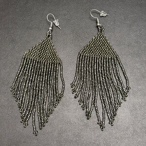 Silver Grey Beaded Boho Fringe Earrings